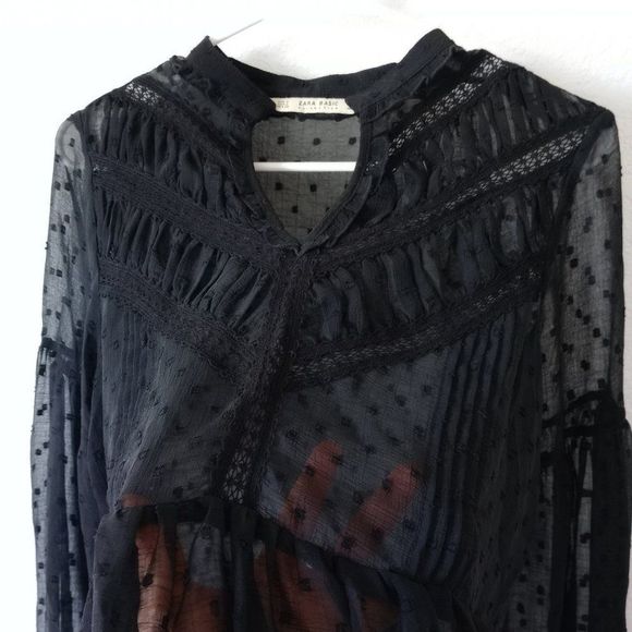 Zara Basic Women's dotted Sheer Blouse with Lace Black size Small - Picture 7 of 10
